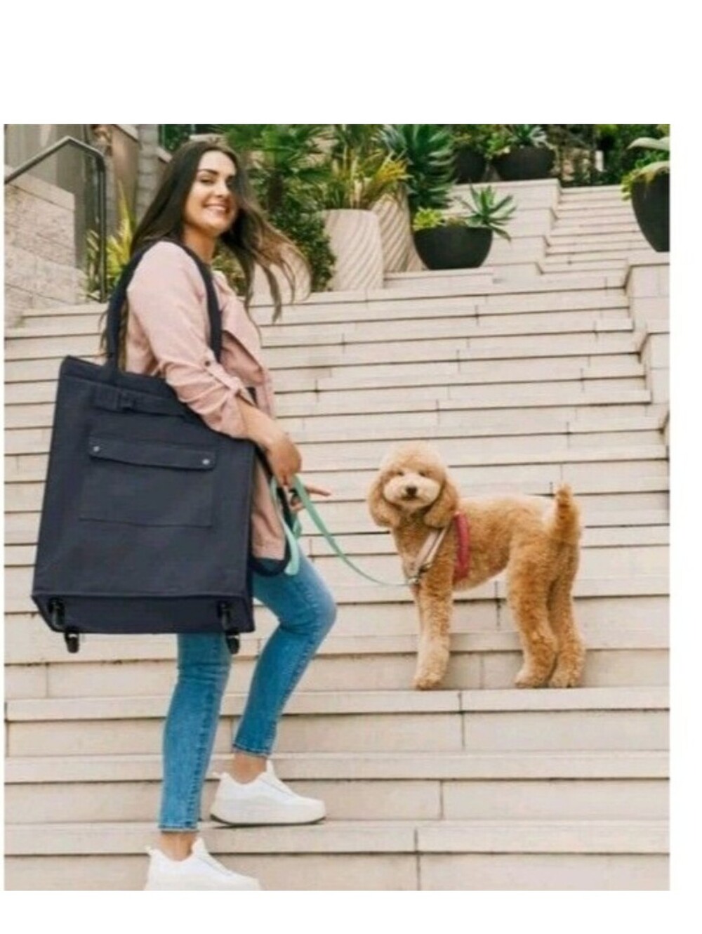 CleverMade Foldable Tote Bag on Wheels 14" Lx18"Wx24"H Soft Grip Navy - Picture 3 of 10